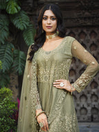 Myra Dusty Beige Butterfly Net Heavy Embroidered Designer Anarkali Suit | Grocsy