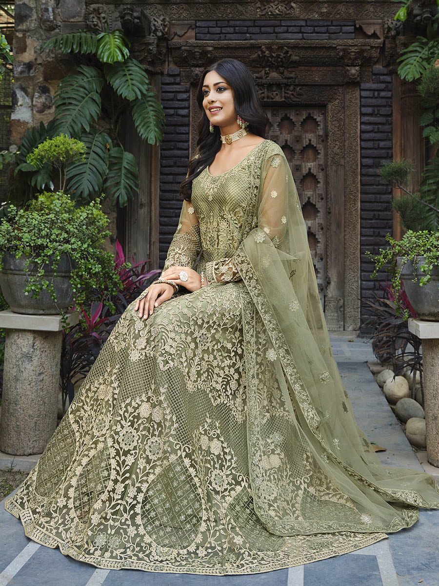 Myra Dusty Beige Butterfly Net Heavy Embroidered Designer Anarkali Suit | Grocsy
