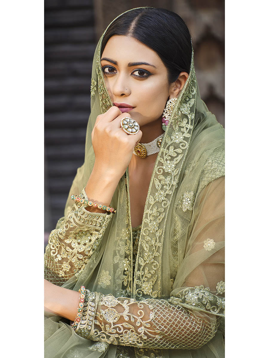 Myra Dusty Beige Butterfly Net Heavy Embroidered Designer Anarkali Suit | Grocsy
