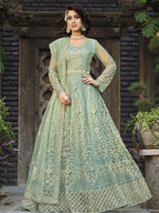 Myra Dusty Pista Butterfly Net Heavy Embroidered Designer Anarkali Suit | Grocsy