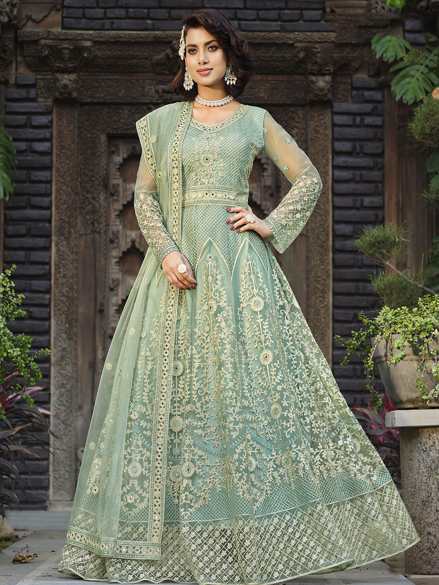 Myra Dusty Pista Butterfly Net Heavy Embroidered Designer Anarkali Suit | Grocsy