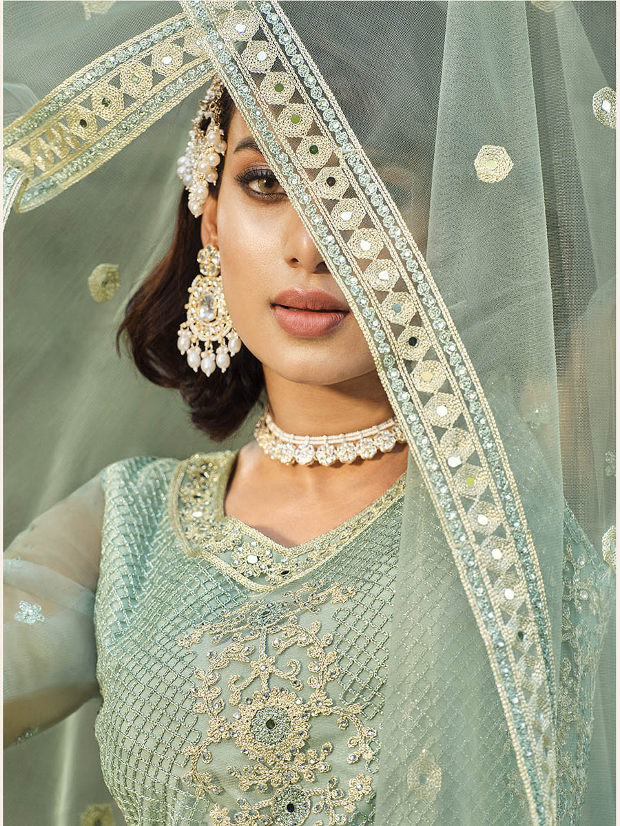 Myra Dusty Pista Butterfly Net Heavy Embroidered Designer Anarkali Suit | Grocsy