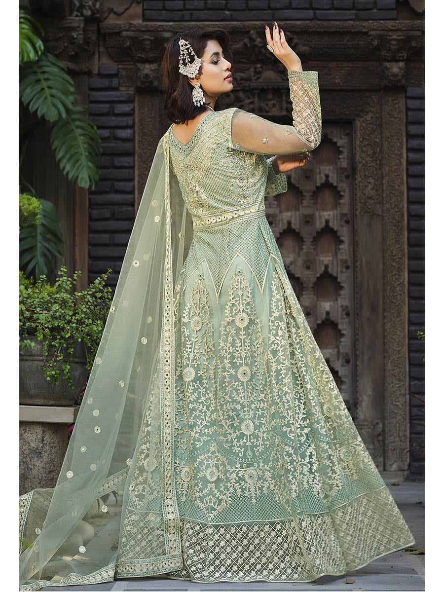 Myra Dusty Pista Butterfly Net Heavy Embroidered Designer Anarkali Suit | Grocsy