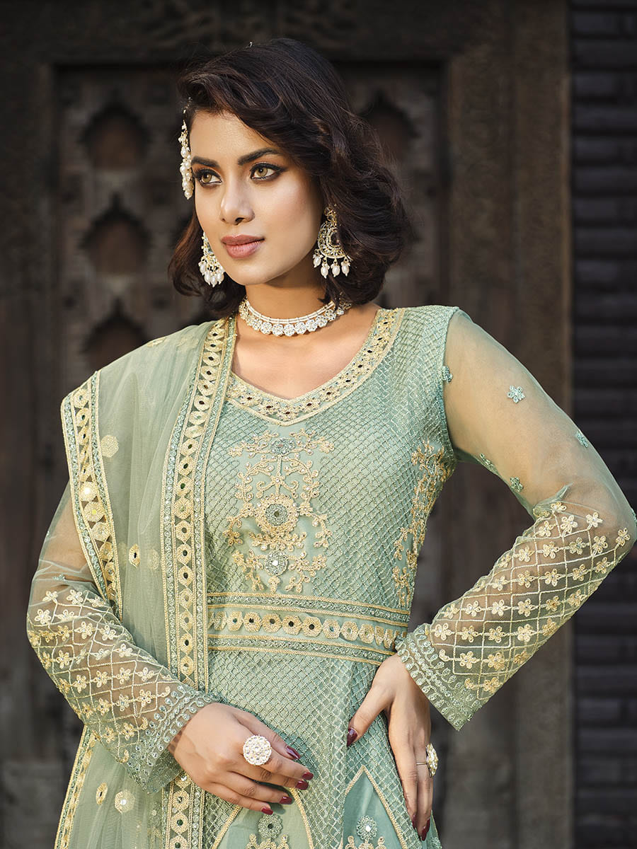 Myra Dusty Pista Butterfly Net Heavy Embroidered Designer Anarkali Suit | Grocsy