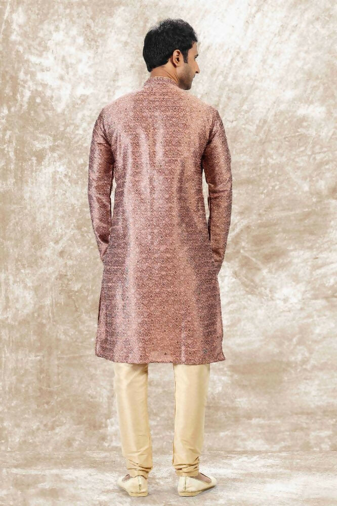Raivat Ethnic Jacquard Silk Brocade Mirror and Thread Work Kurta Pajama In Onion Pink Colour | Grocsy