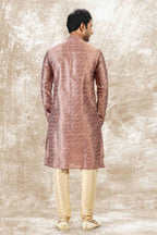 Raivat Ethnic Jacquard Silk Brocade Mirror and Thread Work Kurta Pajama In Onion Pink Colour | Grocsy