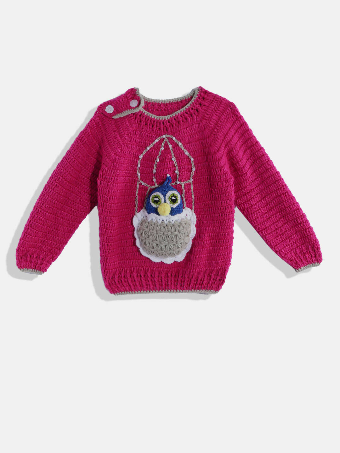 Chutput Kids Woollen Hand Knitted Full Sleeves Bird Detail Sweater For Baby Boys - Magenta | Grocsy