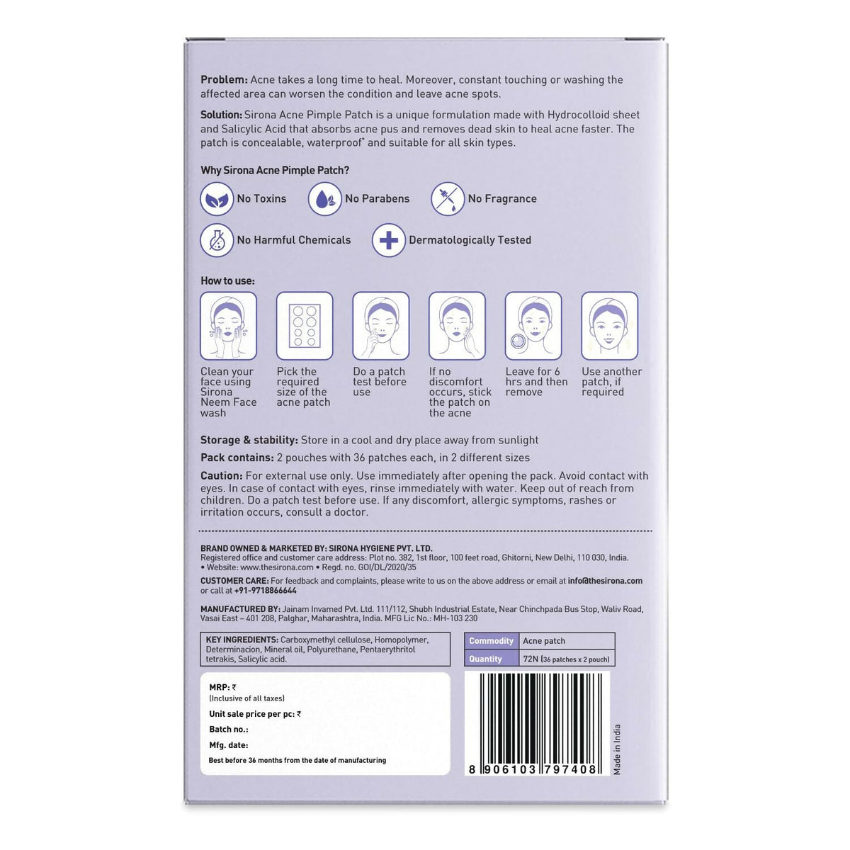Sirona Anti Acne Pimple Patches For Face with 0.5% Salicylic Acid Invisible Facial Stickers Cover | Grocsy