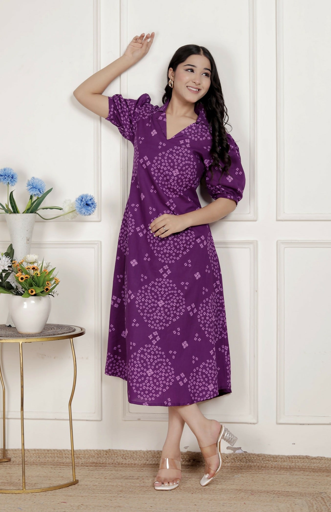 Miravan Womens Purple Bandhani Printed A-Line Maxi Dress | Grocsy