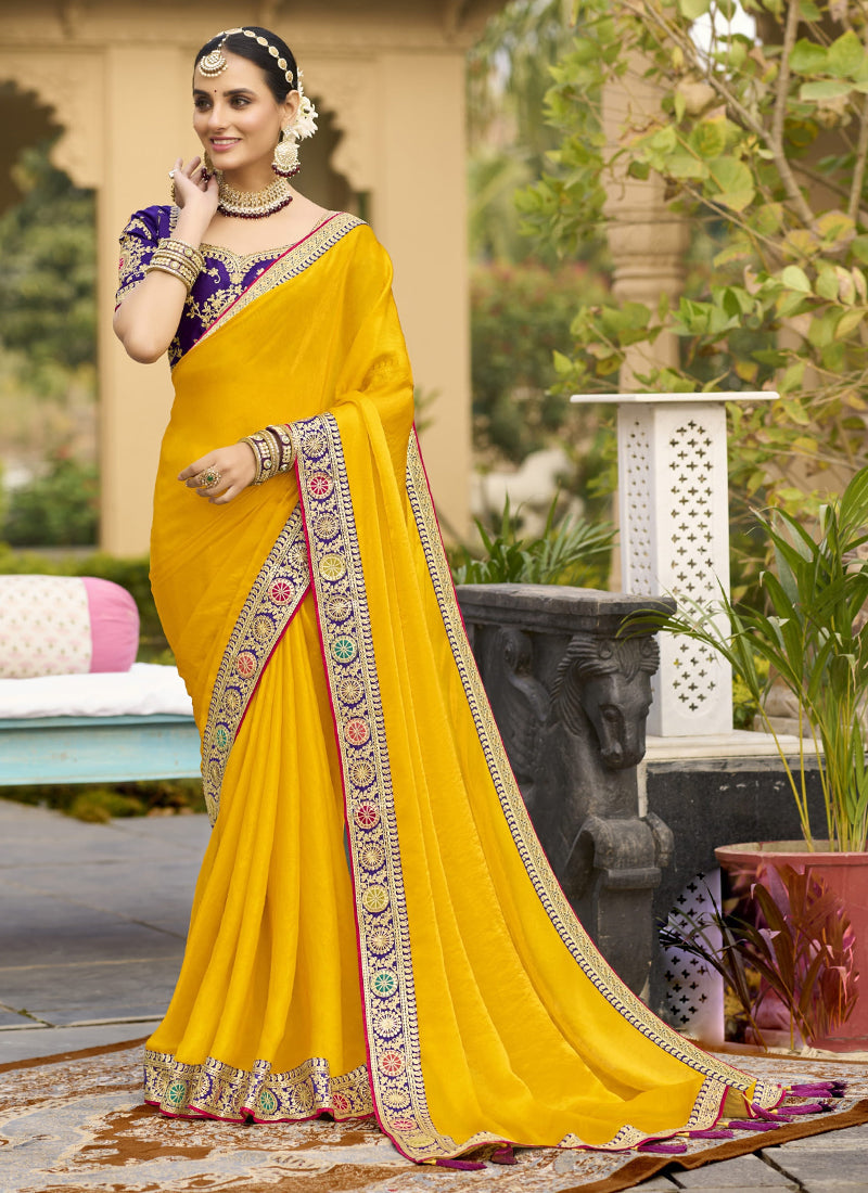 Vegaa Fashion Yellow Georgette Embroidered Wedding Wear Saree | Grocsy