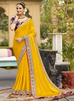 Vegaa Fashion Yellow Georgette Embroidered Wedding Wear Saree | Grocsy