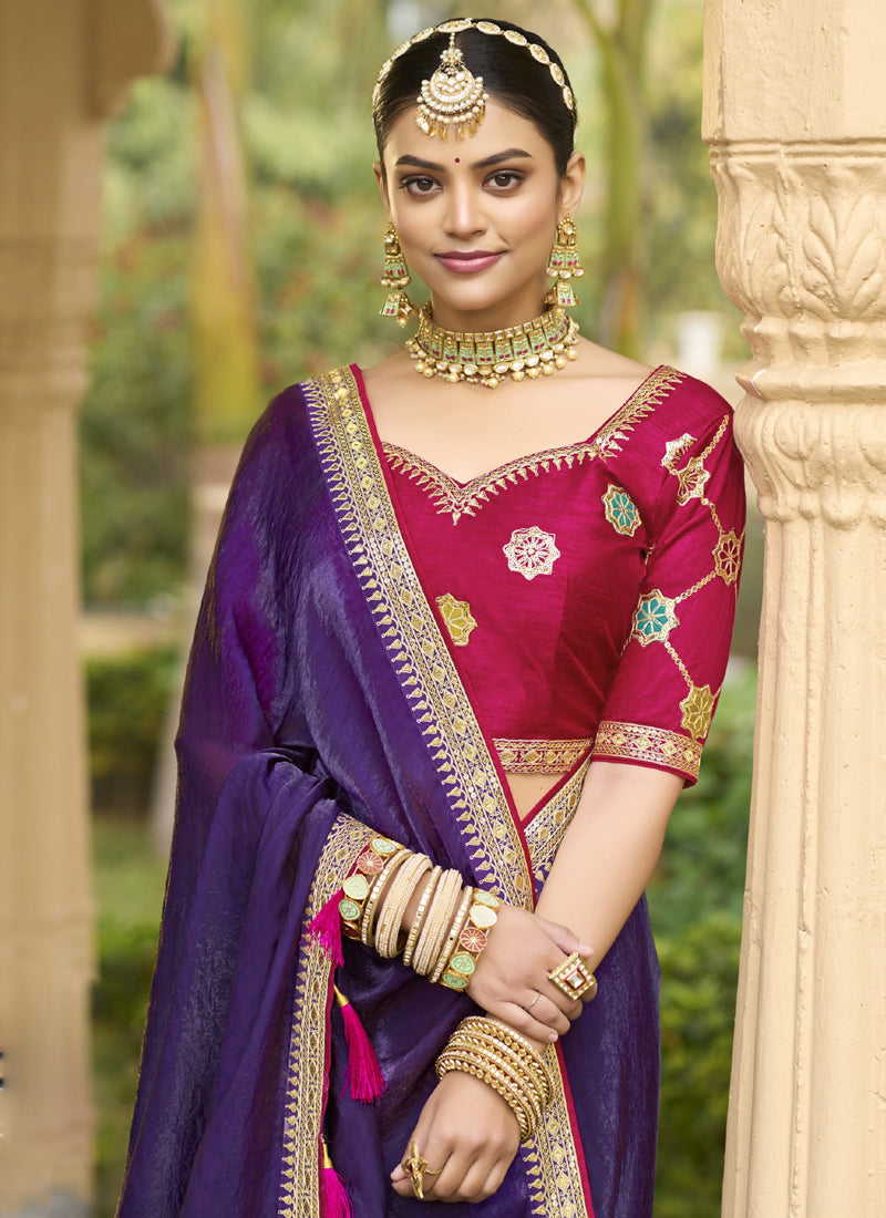 Vegaa Fashion Violet Georgette Embroidered Wedding Wear Saree | Grocsy
