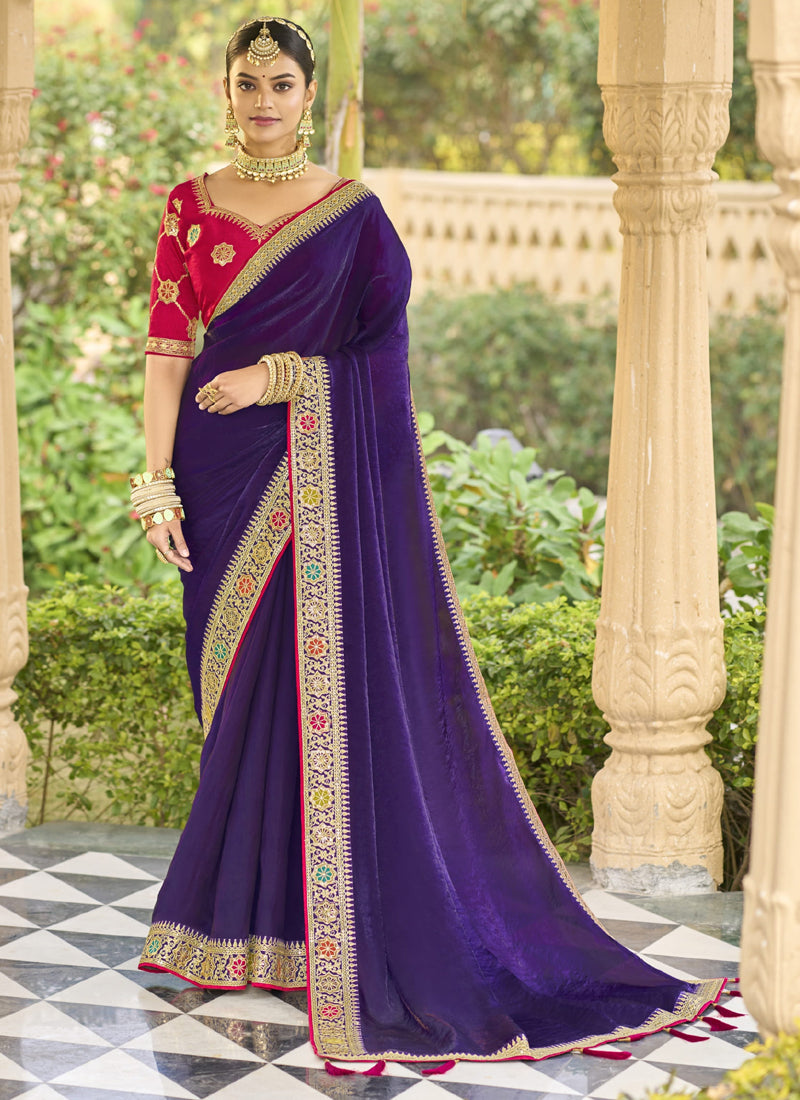 Vegaa Fashion Violet Georgette Embroidered Wedding Wear Saree | Grocsy