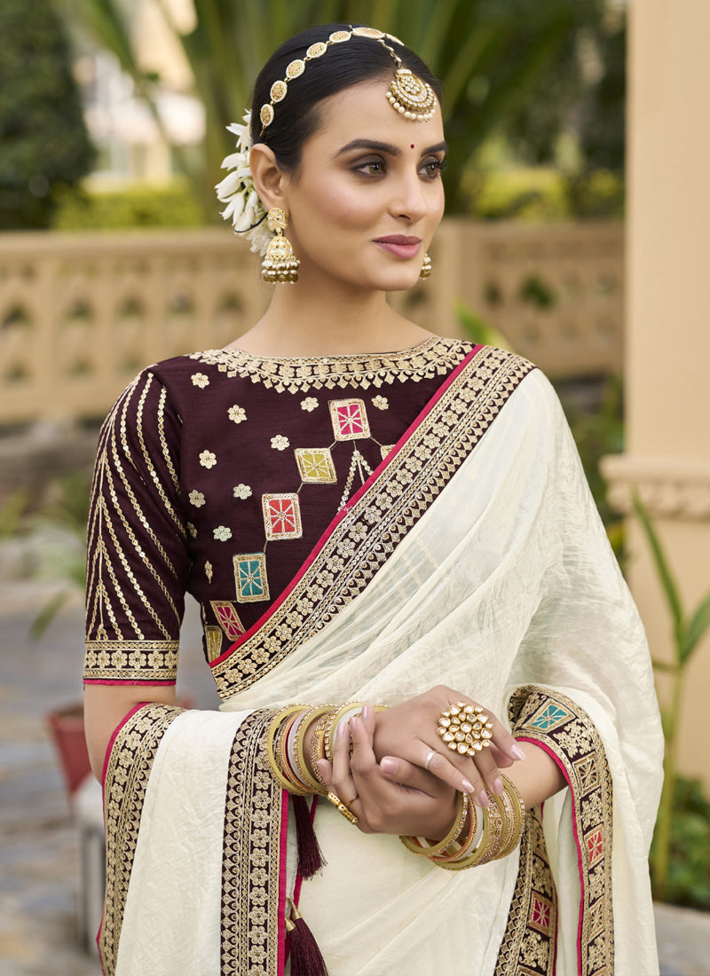 Vegaa Fashion Off White Georgette Embroidered Wedding Wear Saree | Grocsy