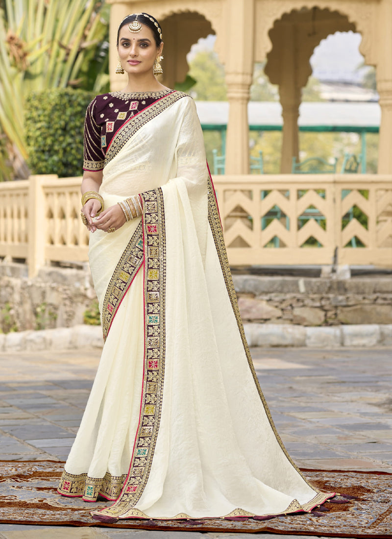 Vegaa Fashion Off White Georgette Embroidered Wedding Wear Saree | Grocsy