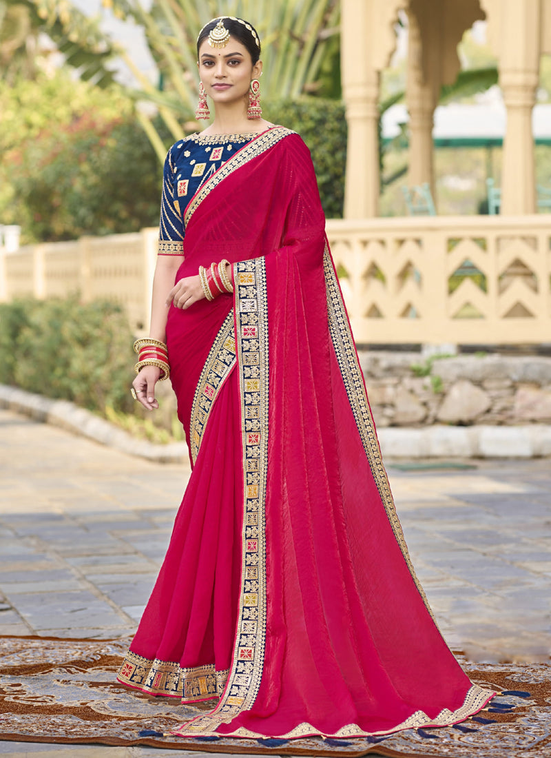 Vegaa Fashion Red Georgette Embroidered Wedding Wear Saree | Grocsy