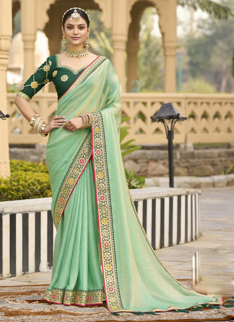 Vegaa Fashion Light Green Georgette Embroidered Wedding Wear Saree | Grocsy