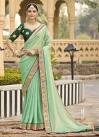 Vegaa Fashion Light Green Georgette Embroidered Wedding Wear Saree | Grocsy