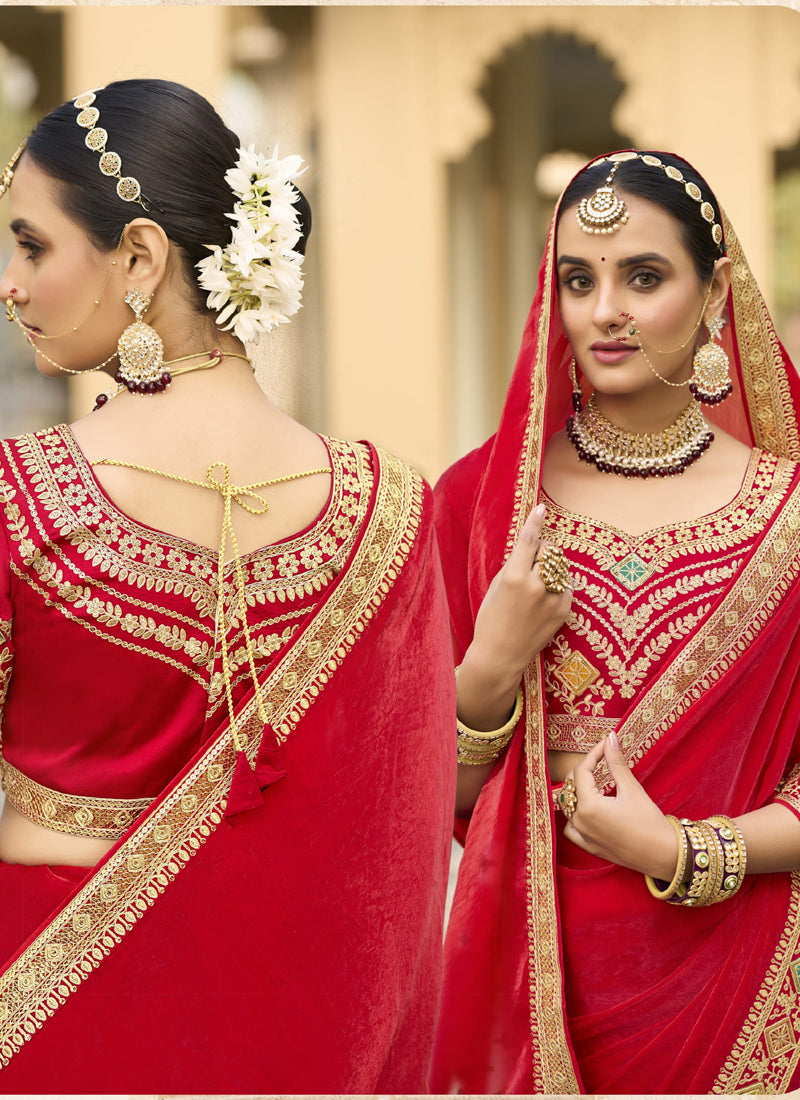 Vegaa Fashion Red Georgette Embroidered Wedding Wear Saree | Grocsy