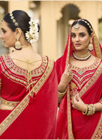 Vegaa Fashion Red Georgette Embroidered Wedding Wear Saree | Grocsy