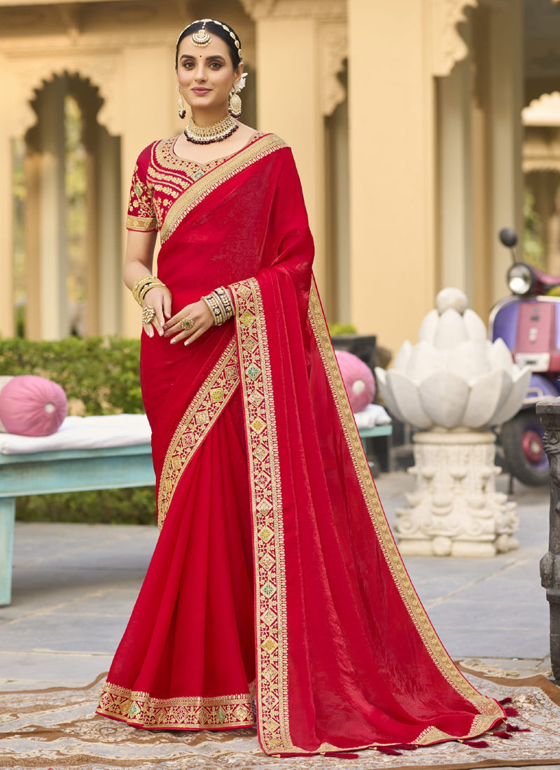 Vegaa Fashion Red Georgette Embroidered Wedding Wear Saree | Grocsy