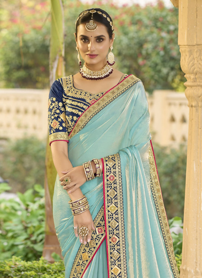 Vegaa Fashion Sky Blue Georgette Embroidered Wedding Wear Saree | Grocsy