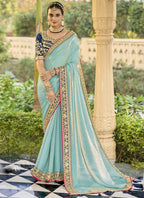 Vegaa Fashion Sky Blue Georgette Embroidered Wedding Wear Saree | Grocsy