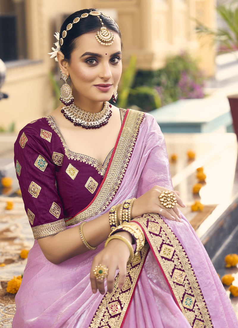 Vegaa Fashion Light Pink Georgette Embroidered Wedding Wear Saree | Grocsy