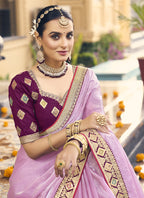 Vegaa Fashion Light Pink Georgette Embroidered Wedding Wear Saree | Grocsy