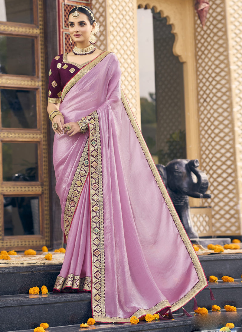 Vegaa Fashion Light Pink Georgette Embroidered Wedding Wear Saree | Grocsy