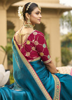 Vegaa Fashion Aqua Blue Georgette Embroidered Wedding Wear Saree | Grocsy
