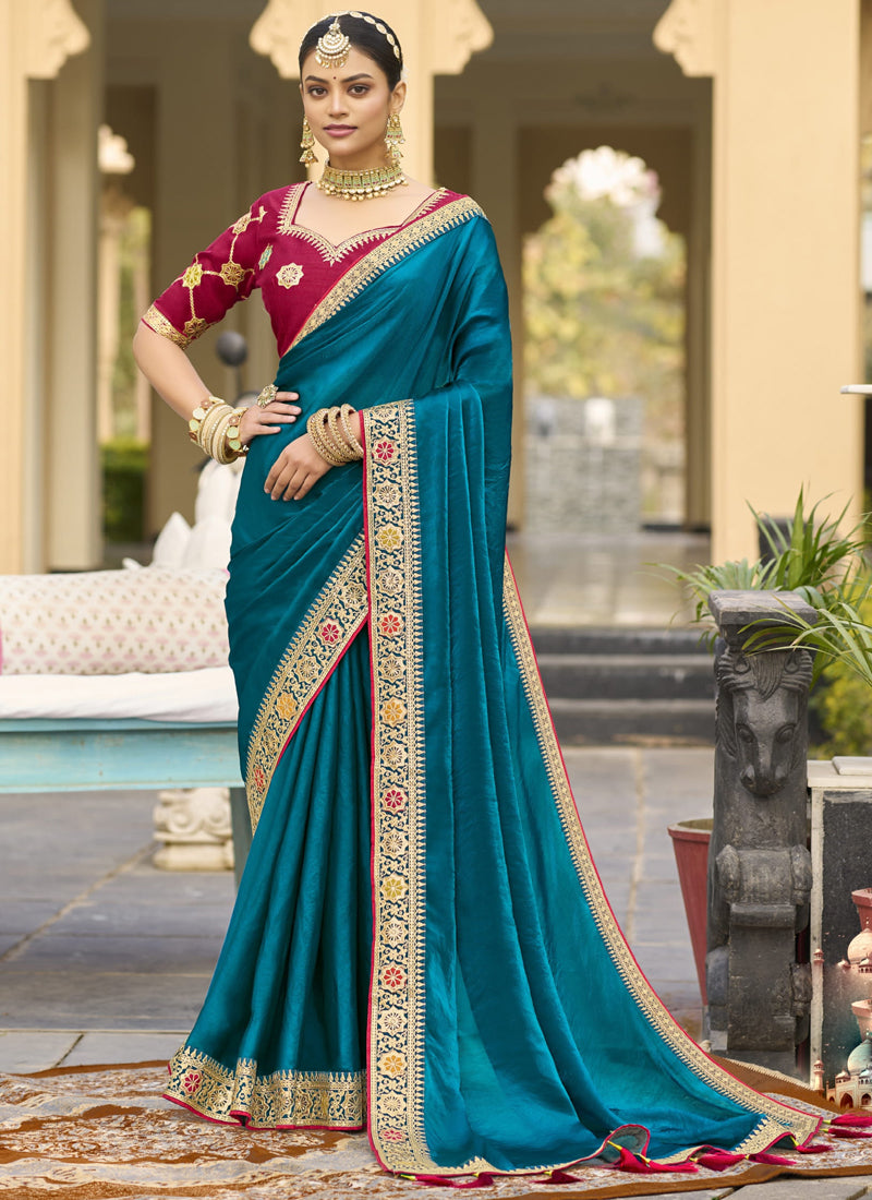 Vegaa Fashion Aqua Blue Georgette Embroidered Wedding Wear Saree | Grocsy