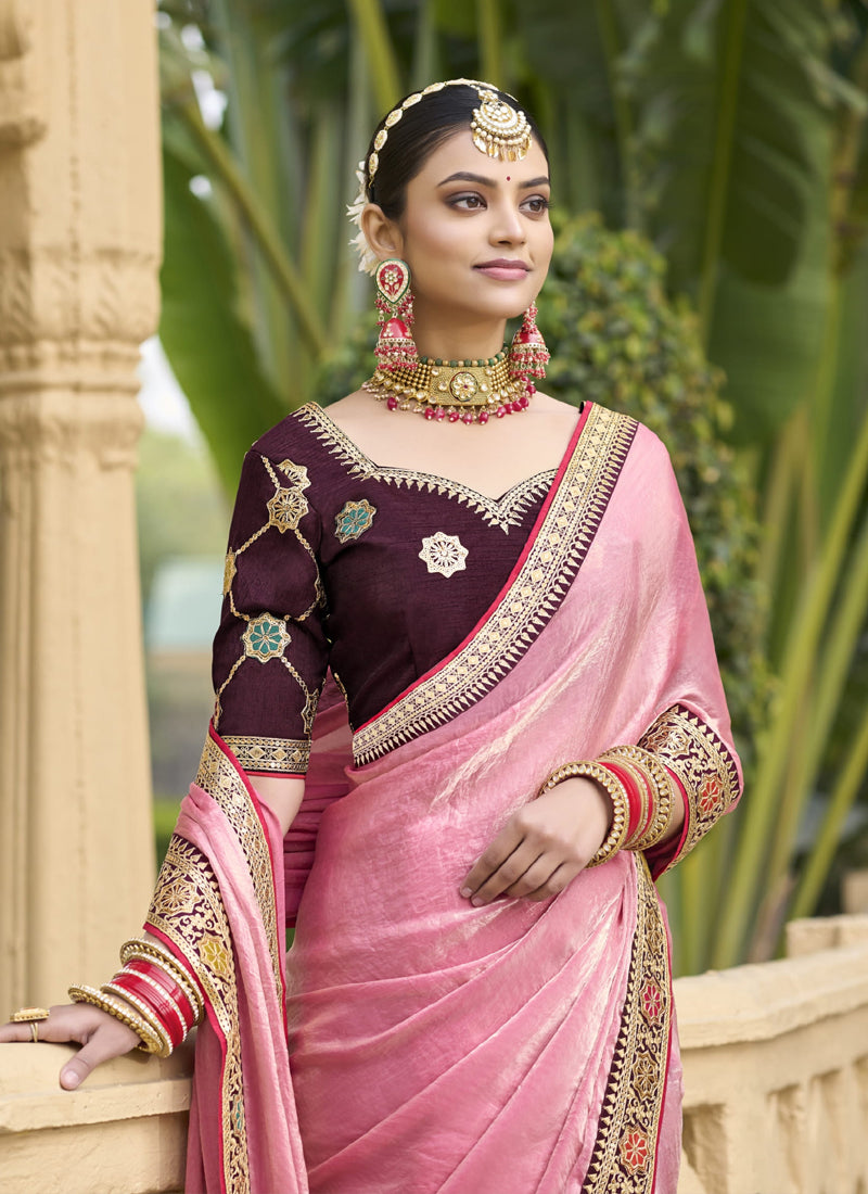 Vegaa Fashion Peach Georgette Embroidered Wedding Wear Saree | Grocsy