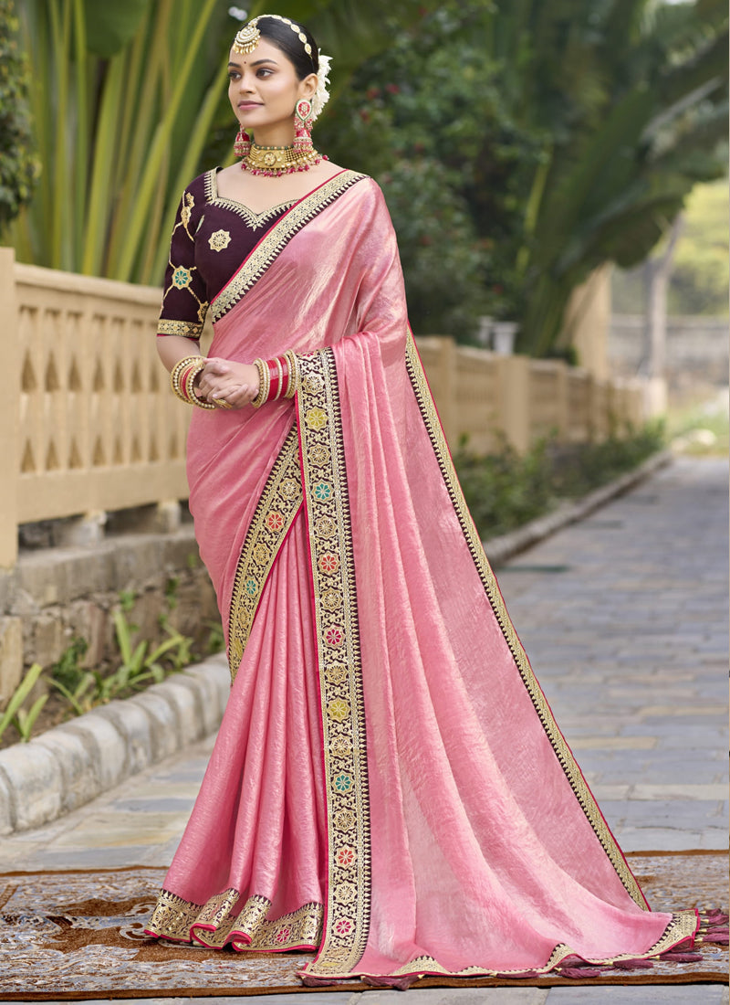 Vegaa Fashion Peach Georgette Embroidered Wedding Wear Saree | Grocsy