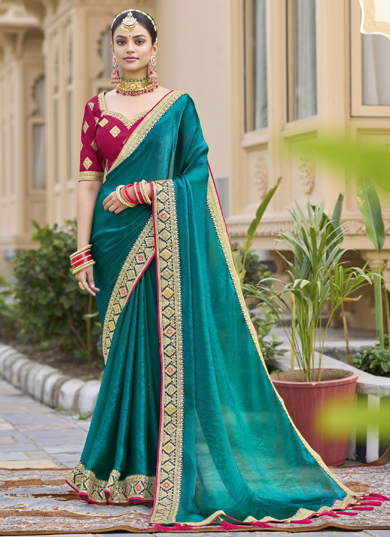 Vegaa Fashion Aqua Green Georgette Embroidered Wedding Wear Saree | Grocsy