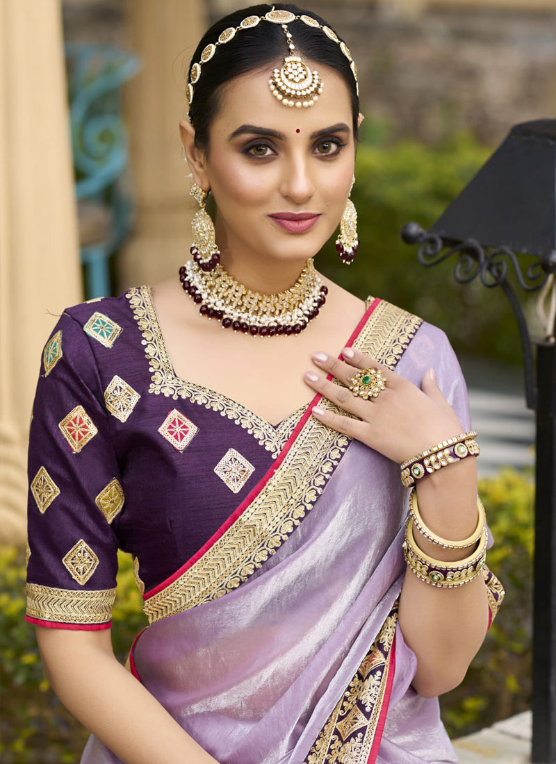 Vegaa Fashion Lavender Georgette Embroidered Wedding Wear Saree | Grocsy