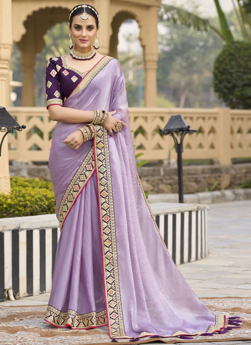 Vegaa Fashion Lavender Georgette Embroidered Wedding Wear Saree | Grocsy