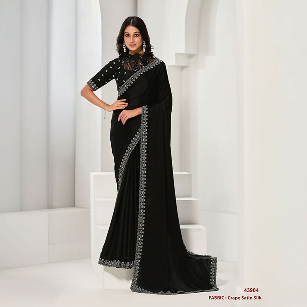 Black Crepe Satin Silk Sequence & Handwork Saree With Unstitched Blouse - Norita Saanjh | Grocsy