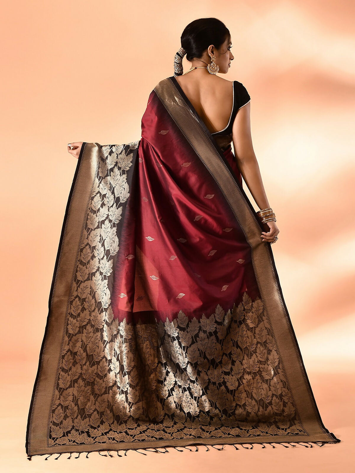 Joban Fashion Maroon & Black Plain With Weaving Border Banarasi Silk Sarees | Grocsy