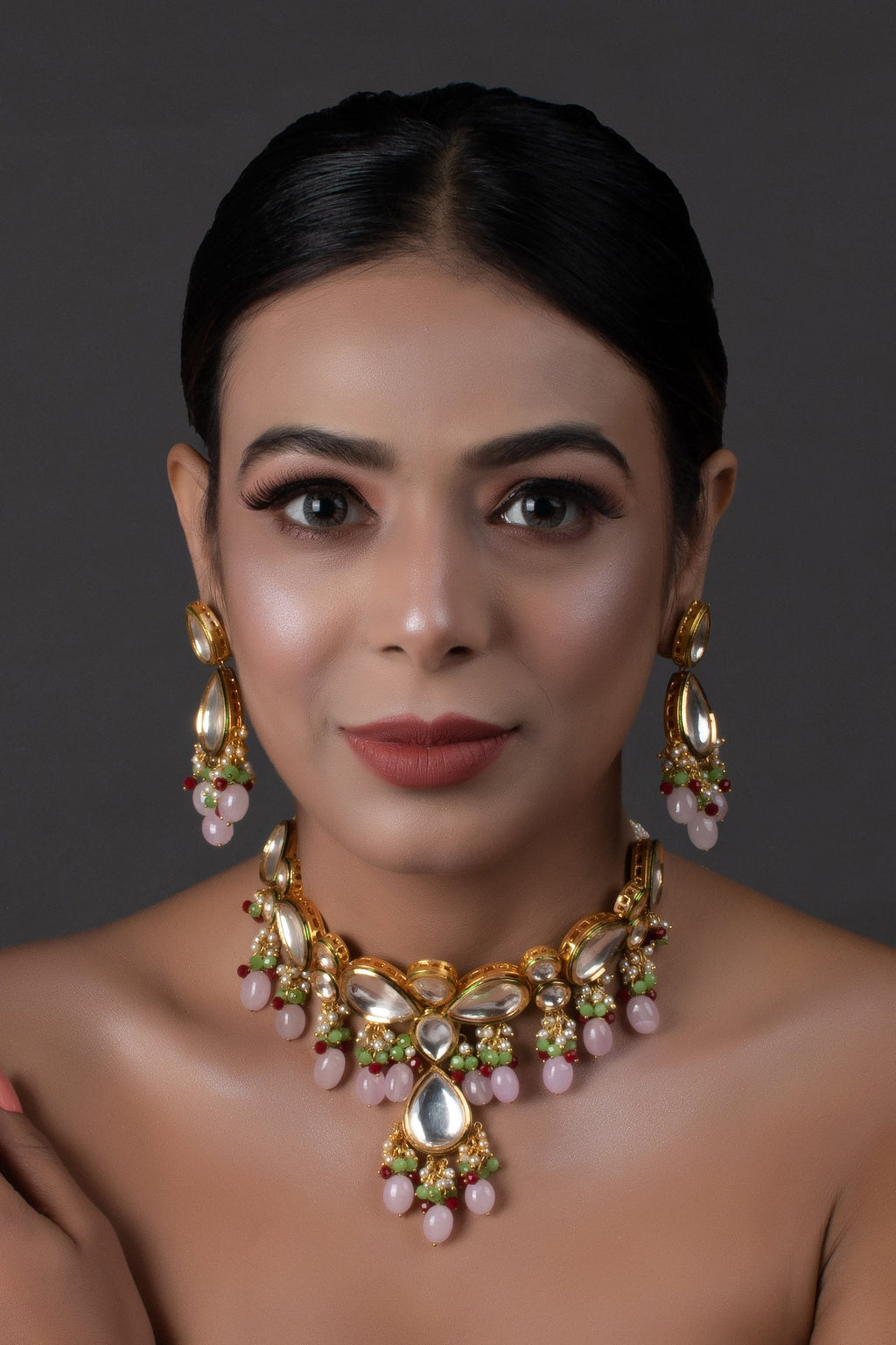 Peryl Women's Handcrafted Kundan Pastel Beaded Necklace With Earrings - Noz2Toz