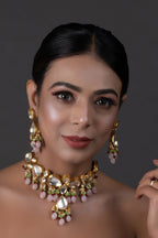Peryl Women's Handcrafted Kundan Pastel Beaded Necklace With Earrings - Swadesiicart