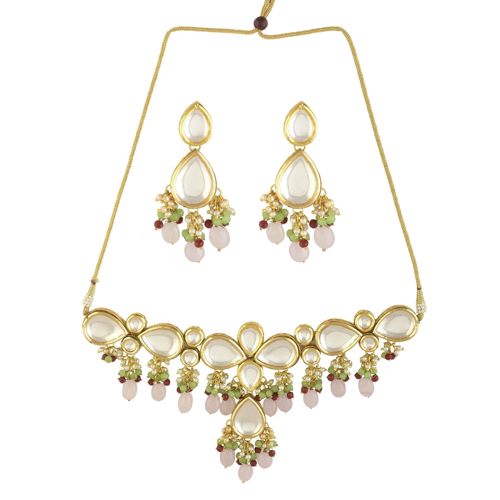 Peryl Women's Handcrafted Kundan Pastel Beaded Necklace With Earrings - Swadesiicart