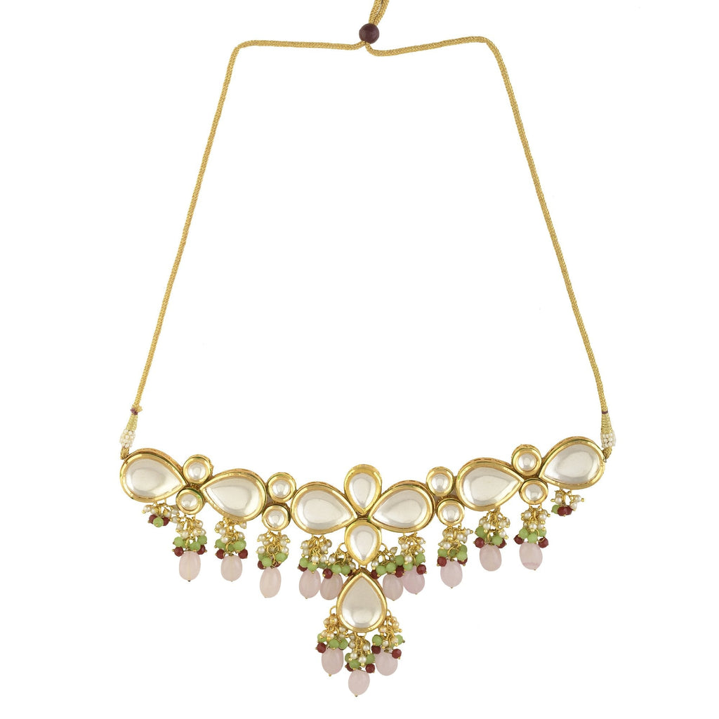 Peryl Women's Handcrafted Kundan Pastel Beaded Necklace With Earrings - Swadesiicart