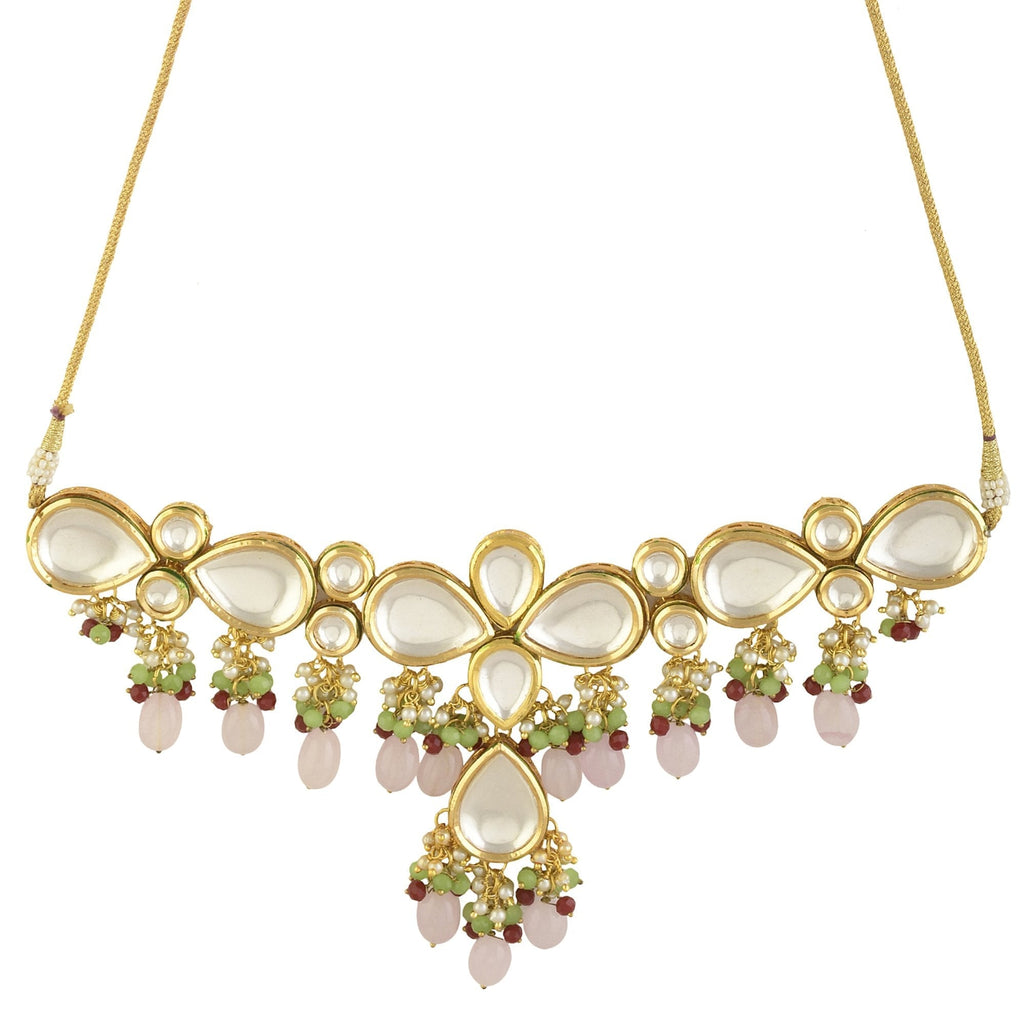 Peryl Women's Handcrafted Kundan Pastel Beaded Necklace With Earrings - Swadesiicart