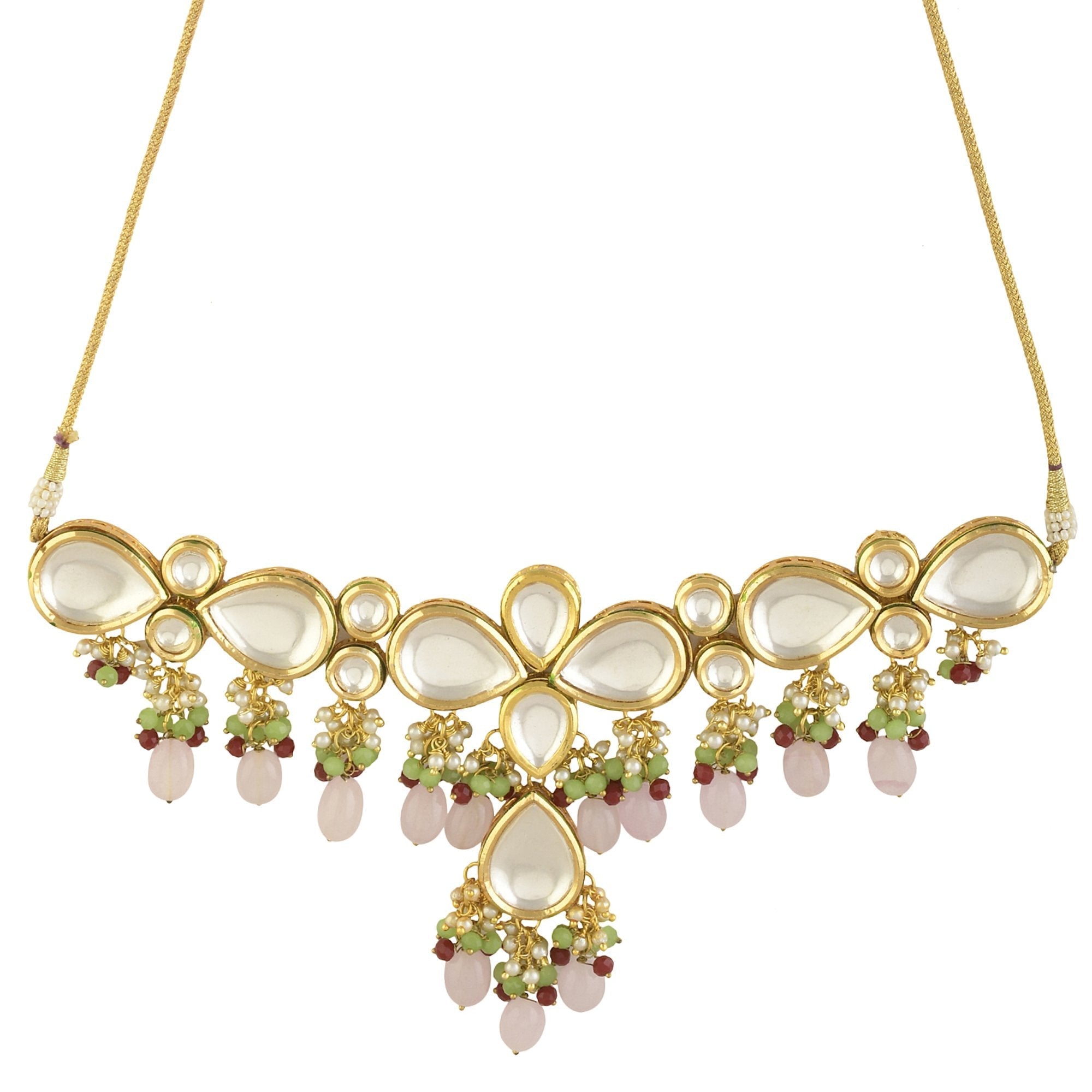 Peryl Women's Handcrafted Kundan Pastel Beaded Necklace With Earrings - Swadesiicart