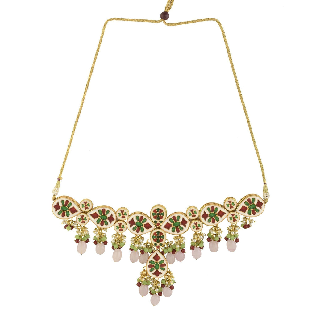 Peryl Women's Handcrafted Kundan Pastel Beaded Necklace With Earrings - Swadesiicart