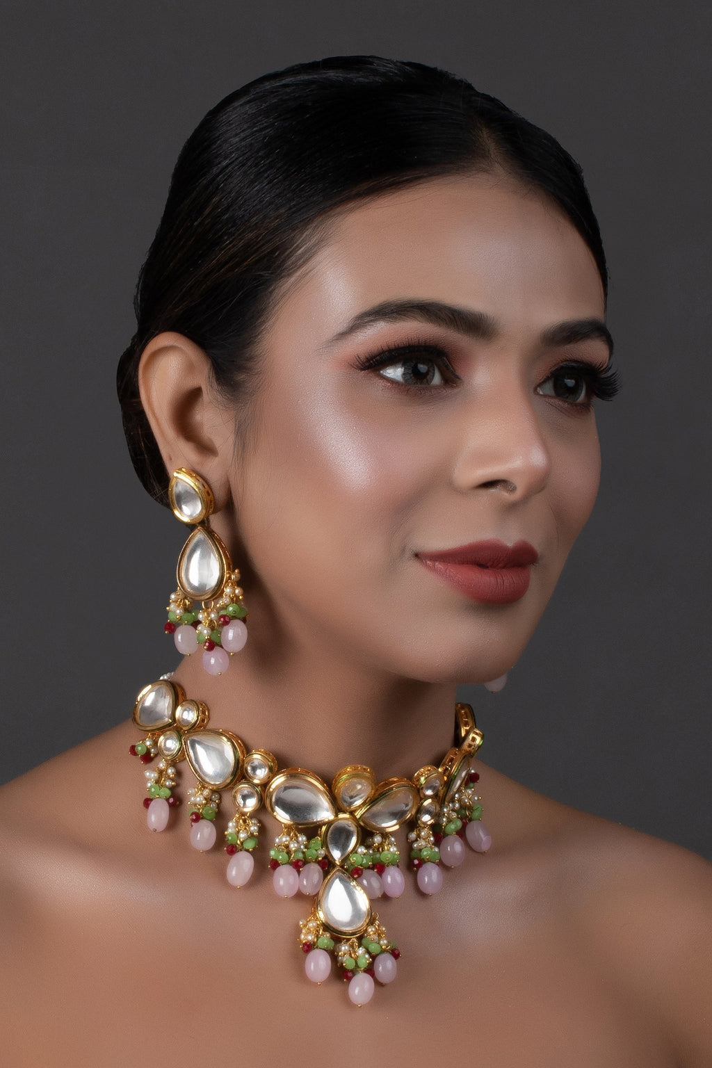 Peryl Women's Handcrafted Kundan Pastel Beaded Necklace With Earrings - Swadesiicart