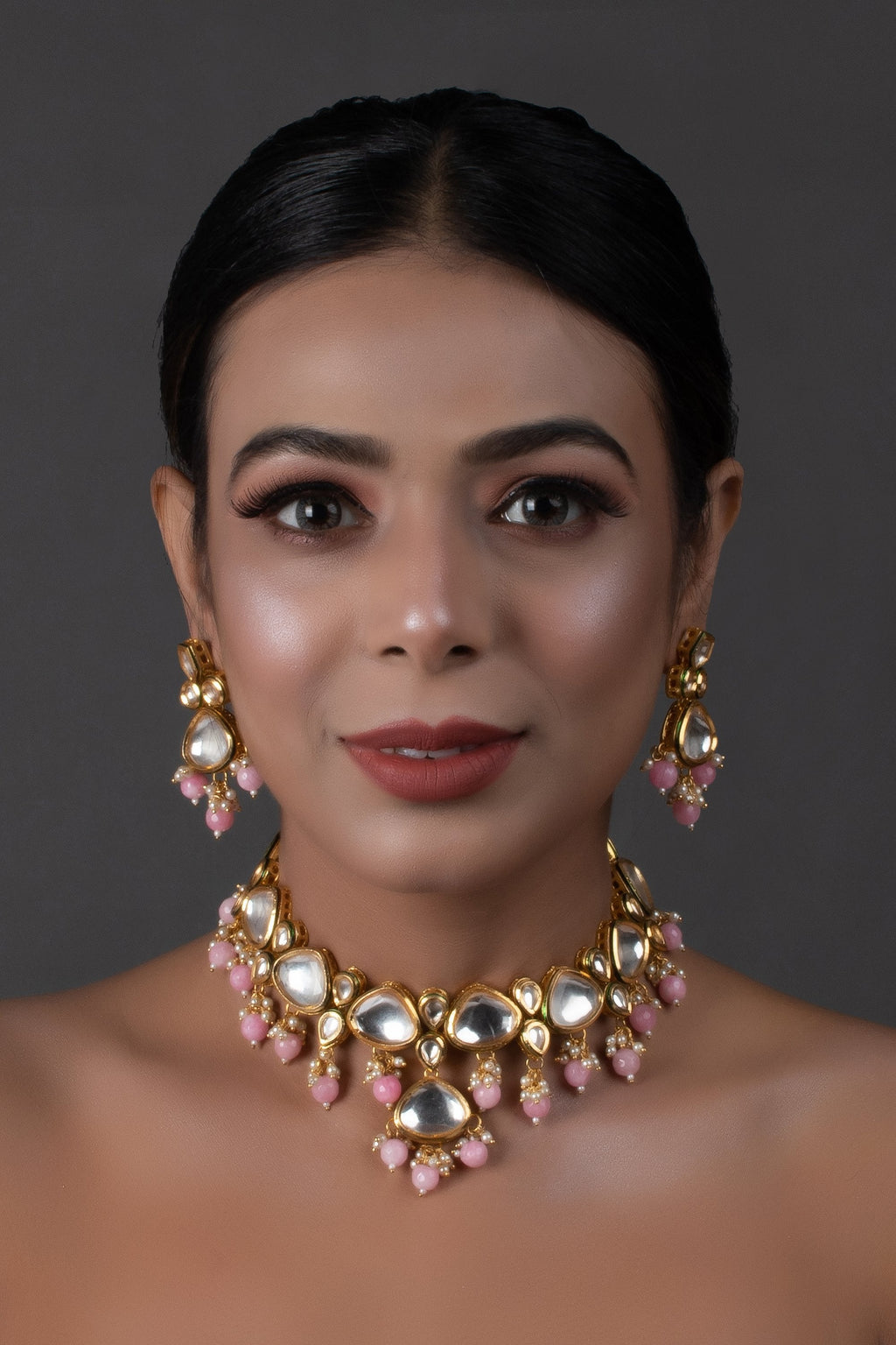Peryl Women's Pearl & Pink Beaded Gold Tone Kundan Inspired Necklace With Earrings - Noz2Toz
