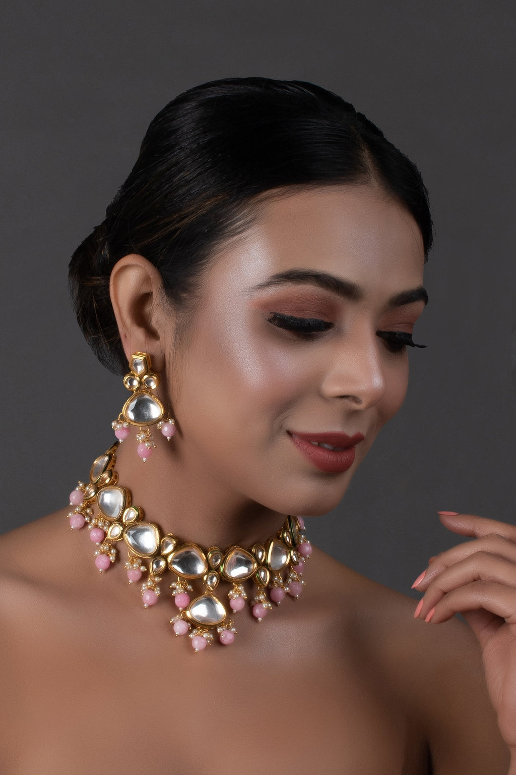 Peryl Women's Pearl & Pink Beaded Gold Tone Kundan Inspired Necklace With Earrings - Swadesiicart