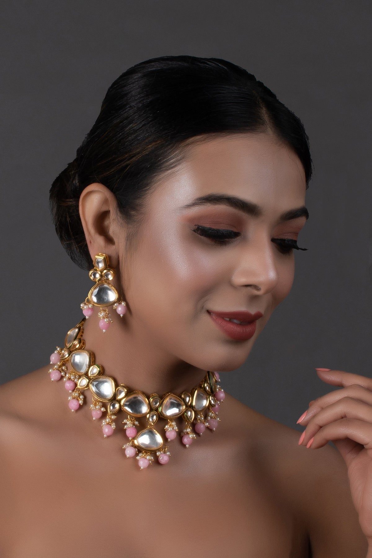 Peryl Women's Pearl & Pink Beaded Gold Tone Kundan Inspired Necklace With Earrings - Swadesiicart